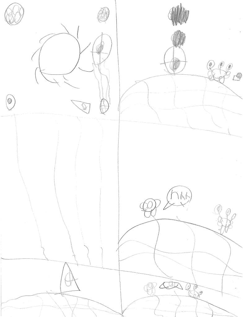 A triangular spaceship flies past the sun and lands on an alien planet. An astronaut, Pook, emerges and encounters an alien named Zook whose round spaceship has crashed on the same planet. Both are surprised to see each other. 