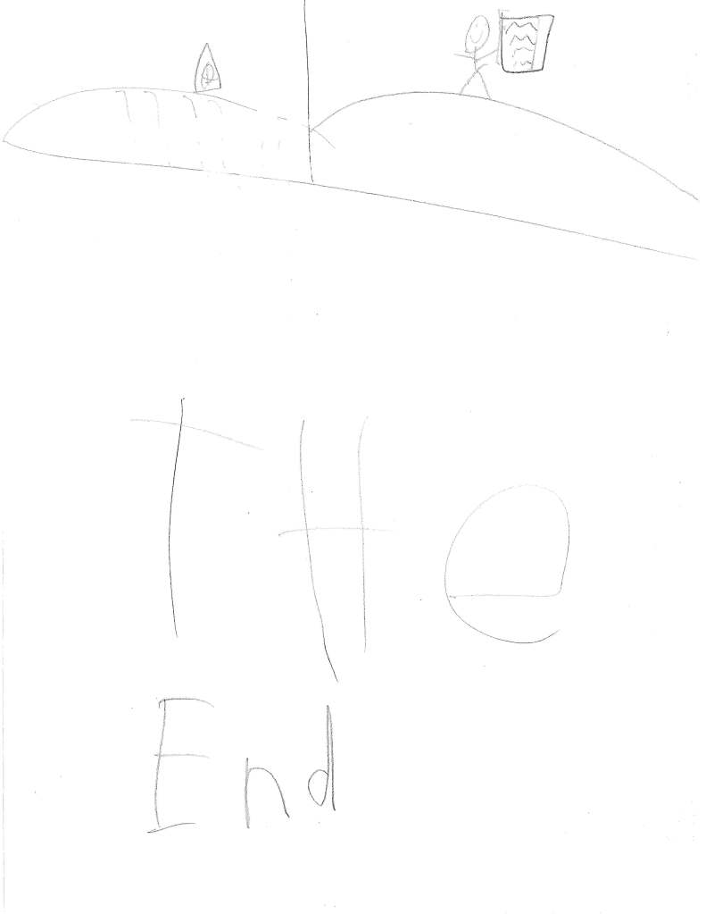 Pook arrives home and writes down his adventures. The End.