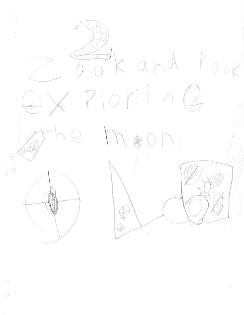 Zook & Pook 2: Exploring the Moon. A picture of Zook's round UFO and Pook's triangular spaceship holding a map of the solar system.