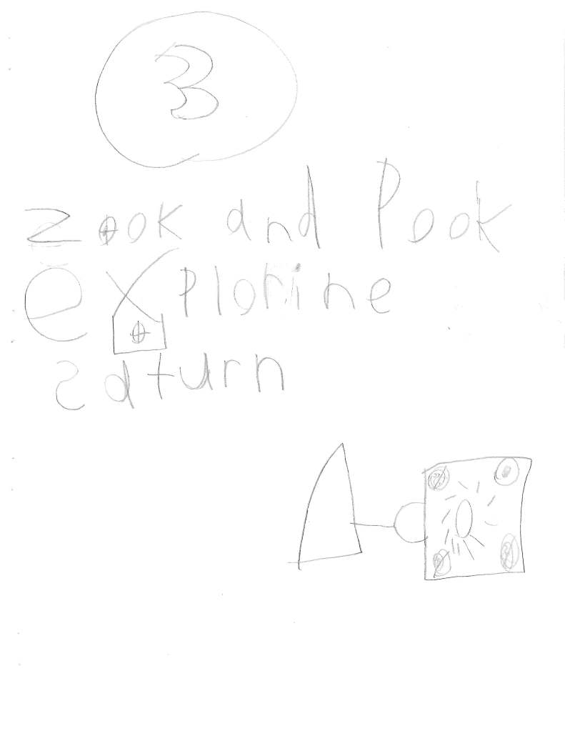 The title page: Zook and Pook Exploring Saturn. Image of a triangular spaceship holding a map of the solar system with a mechanical arm.