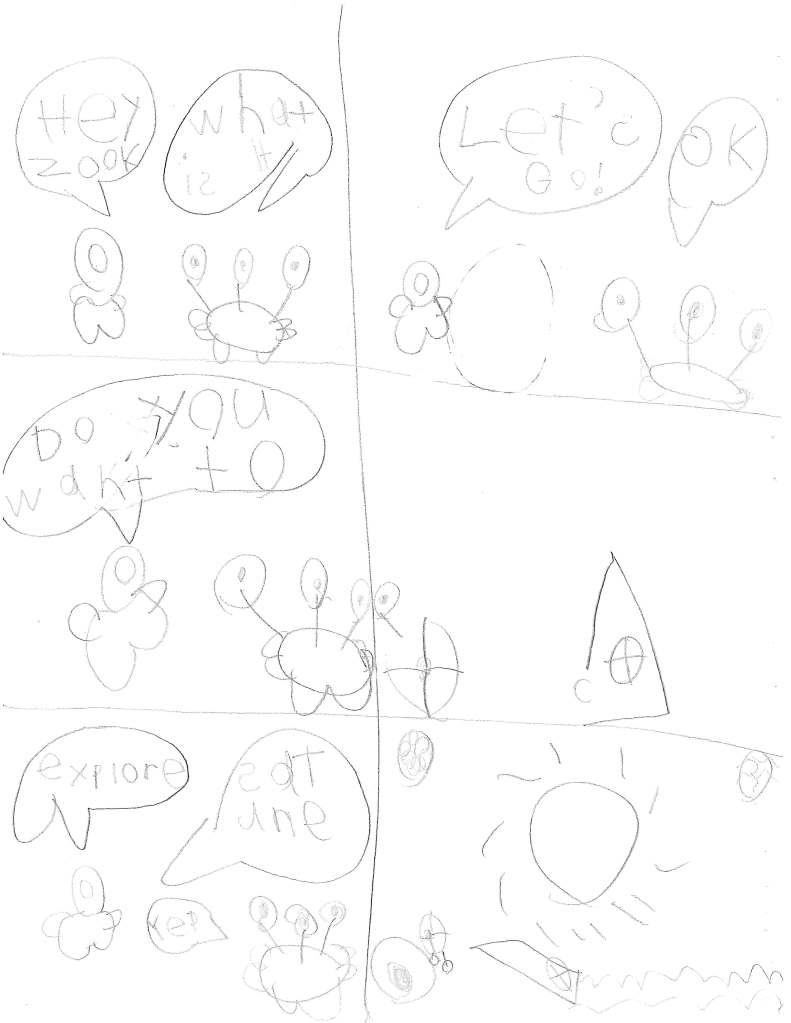 Pook (in his spacesuit): Hey Zook
Zook (a round alien with three eyes on stalks): What is it?
Pook: Do you want to explore Saturn?
Zook: Yep.
Pook: Let's go!
Zook: Ok
They climb into their spaceships and fly to Saturn, a planet with rings.
