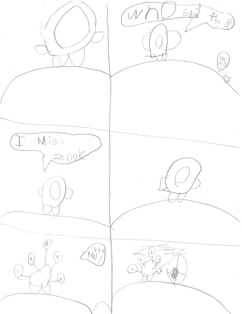 Pook is all alone. He says, "I miss Zook."
Mook laughs "Ha ha!"
"Who said that?" asks Pook. He looks and sees Mook next to Zook's spaceship. Zook is still asleep inside.