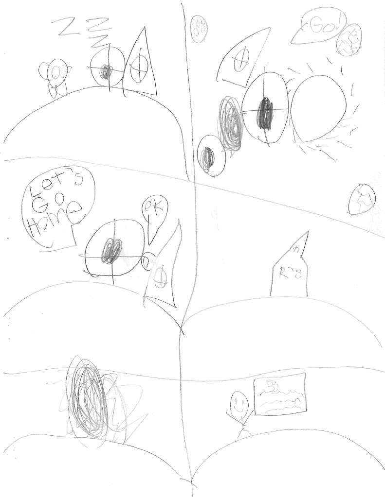 Pook defeats Mook. Zook wakes up. 
"Let's go home," Pook says.
"Ok," says Zook.
Their spaceships blast off. 
"Go!" says Pook. They fly through the solar system. 
Pook returns to Rockets, his workplace. He writes down the story of their adventure.
Zook and Pook go home and Pook writes.