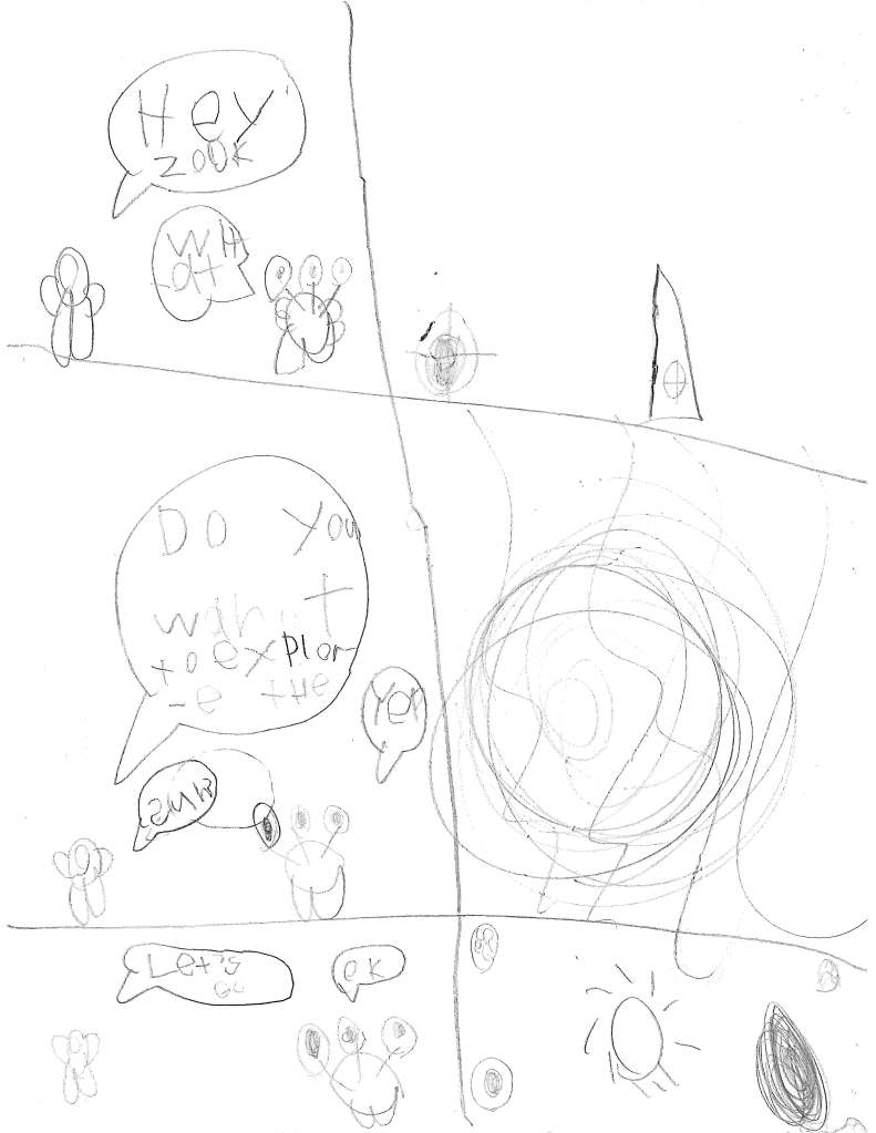 Pook says to Zook: "Hey, Zook"
Zook: "What?"
Pook: "Do you want to explore the sun?"
Zook: "Yep"
Pook: "Let's go"
Zook: "Ok"
Zook and Pook get in their spaceships. There's a lot of smoke as they blast off. They fly through space.