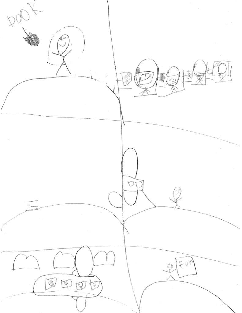 An arrow points to Pook.
Pook gets on a plane. The plane is flying.
Everybody on the plane is watching on their TV except Pook. Pook is looking out the window.
Pook gets off the plane.
Pook writes "Flip'o'rama."