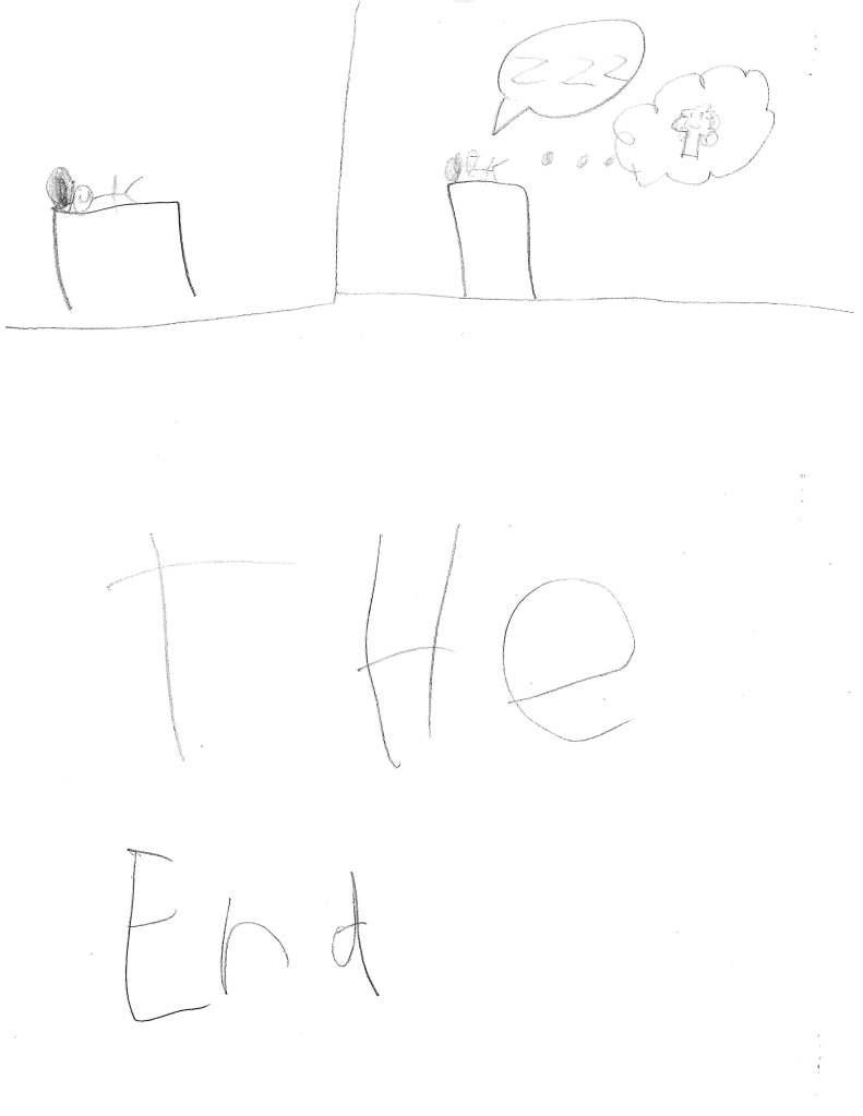 Pook goes to bed.
Pook falls asleep and dreams about being a tree. ZZZ

The end.
