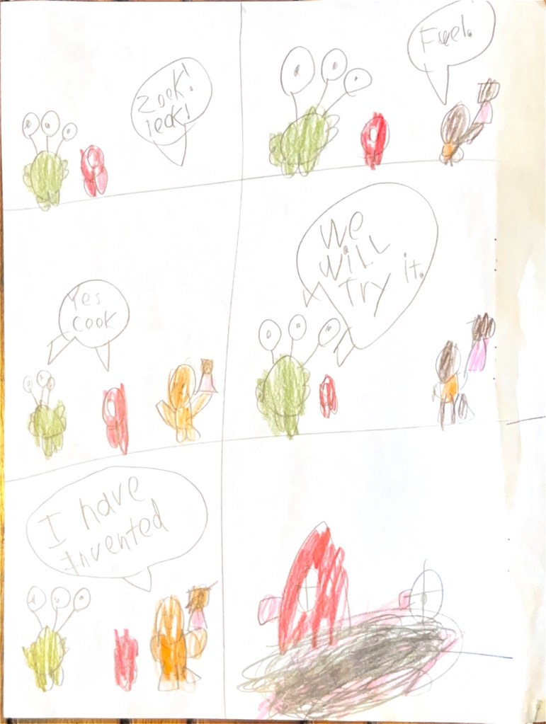 [Sorry about the misspelled word that is supposed to say Pook but it looks like this: "leok."]

Zook and Pook hear someone call their names. Cook arrives, holding something.
"Yes Cook," they say.
"I have invented fuel," says Cook.
"We will try it," say Zook and Pook.
Zook and Pook blast off in their spaceships.
