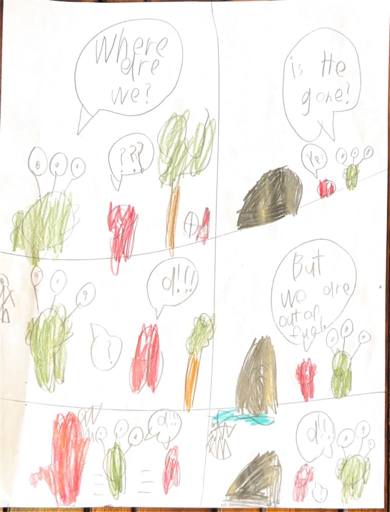 Zook asks Pook "Where are we?"
Pook says "???"
Something with sharp teeth appears behind Zook.
"Aaaa!" says Pook
"?" says Zook.
"Aaa!" say Zook and Pook as they run away from a T-rex.
Zook and Pook hide behind a rock.
"Is he gone?" Zook asks.
"Yes," Pook says. "But we are out of fuel."
"Aaaa!" Zook and Pook scream as a pterodactyl with sharp teeth appears.