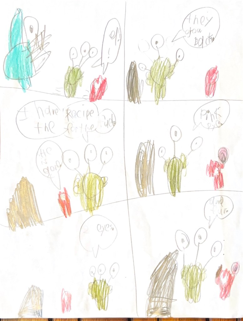 "Aaa!" scream Zook and Pook as they run away from the pterodactyl.
Zook and Pook hide behind another rock.
"He is gone," Pook says.
"I have the recipe for the fuel," Zook says. "Two eyes."
He pulls off two of his eyes.
"They grow back," he says. "Pink dye."
Pook holds up pink dye.
"And fur," Zook says.
Pook holds up fur.