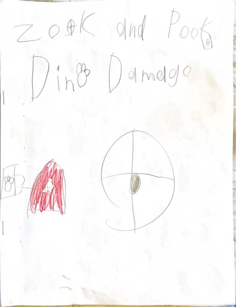 The title page:Zook and Pook Dino damage. A picture of Pook in his red astronaut suit holding a map next to Zook's round spaceship.